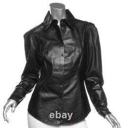 JASON WU Womens Black Leather Snap-Up Long Sleeve Shirt Blouse Top US 10