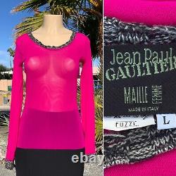 JEAN PAUL GAULTIER Size Large Sheer Pink Long Sleeve Top, Knit Collar Cuffs