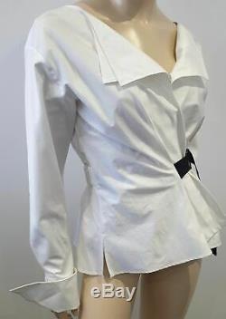 JIL SANDER NAVY White Cotton V Neck Belted Long Sleeve Blouse Shirt Top 38 BNWT