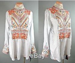 JOHNNY WAS Biya S Floral Embroidered Button Down Silk Top Long Sleeve NWT