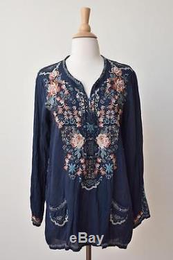 JOHNNY WAS Blue Embroidered Mosaic Tile Long Sleeve Boho Tunic Blouse Top S