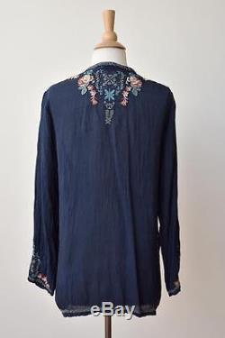 JOHNNY WAS Blue Embroidered Mosaic Tile Long Sleeve Boho Tunic Blouse Top S