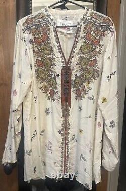 JOHNNY WAS EMBROIDERED Sheer Blouse Beige Long Sleeve Top TUNIC SIZE XL
