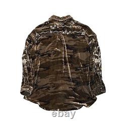 JOHNNY WAS Maree Velvet Embroidered Oversized Long Sleeve Shirt Brown Camo Top M