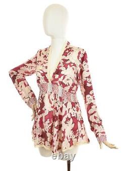 JOHNNY WAS Women's Floral Printed Silk Top Blouse Lace Long Sleeve V-neck XS