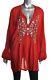 Johnny Was Womens Sz 3x Plus Tunic Top Embroidered Floral Red Long Sleeve