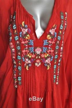 JOHNNY WAS Womens Sz 3X Plus Tunic Top Embroidered Floral Red Long Sleeve