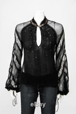 J. MENDEL Black Crinkle Sheer Chiffon Sequin Lace Long Sleeve Blouse Top 4/6
