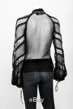 J. MENDEL Black Crinkle Sheer Chiffon Sequin Lace Long Sleeve Blouse Top 4/6
