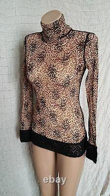 Jean Paul Gaultier floral tulle turtleneck top with knitted hems and cuffs sz L