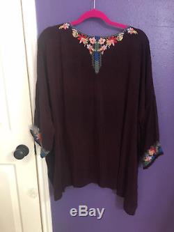 Johnny Was 1x plus boho gypsy burgundy top tunic blouse long sleeve embroidered