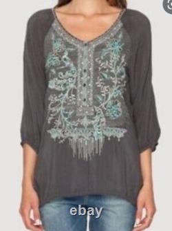 Johnny Was Aqua Lotus Bird Blouse Grey Blue Embroidered Tunic Top, Size XL NWT