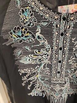 Johnny Was Aqua Lotus Bird Blouse Grey Blue Embroidered Tunic Top, Size XL NWT