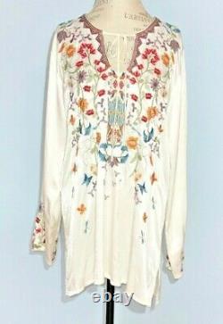 Johnny Was Bila Top Tunic Large White Embroidered Flowers Long Sleeve NWT