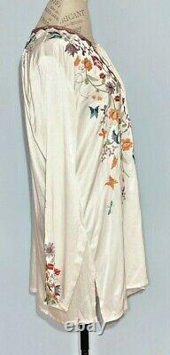 Johnny Was Bila Top Tunic Large White Embroidered Flowers Long Sleeve NWT
