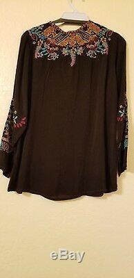 Johnny Was Black Embroidered Rayon Long Sleeve Top Mandarin with Tie