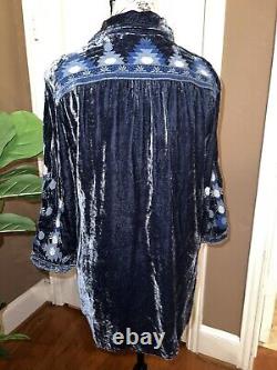 Johnny Was Blue Velvet Heavily Embroidered Tunic Top Long Sleeve Sz 1X (XL) WOW