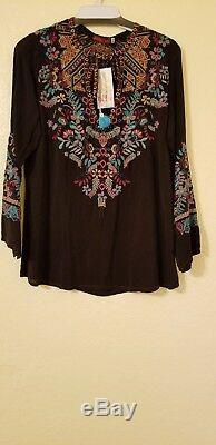 Johnny Was Embroidered Rayon Long Sleeve Top Petite & Regular Sizes Mandarin
