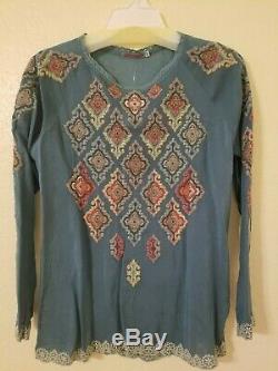 Johnny Was Embroidered Rayon Long Sleeve Top Teal Blue