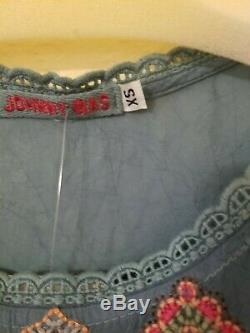 Johnny Was Embroidered Rayon Long Sleeve Top Teal Blue