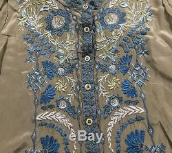 Johnny Was Long Sleeve Embroidered Silk Tunic Top Blouse New With Tags
