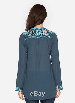 Johnny Was Medium Tylek Blouse Floral Embroiderey Long Sleeve Top Blue Gray M