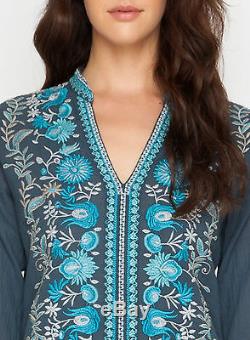 Johnny Was Medium Tylek Blouse Floral Embroiderey Long Sleeve Top Blue Gray M
