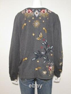 Johnny Was Nwt Embroidered Selah Cuffed Puff Sleeve Tee Top Size L Charcoal