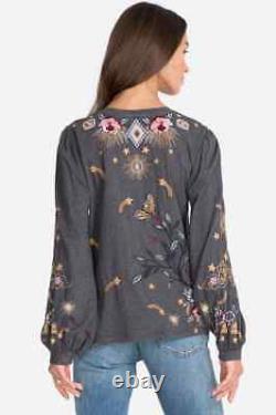 Johnny Was Nwt Embroidered Selah Cuffed Puff Sleeve Tee Top Size L Charcoal