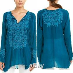 Johnny Was Tania Women's Blouse SZ S Blue Embroidered Long Sleeve Boho Tunic Top