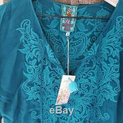 Johnny Was Tania Women's Blouse SZ S Blue Embroidered Long Sleeve Boho Tunic Top