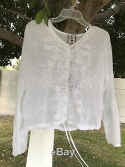 Johnny Was White Eyelet Long Sleeve Cage Top size X Draw String Waist NWT
