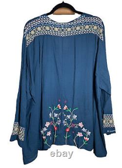 Johnny Was Womens Blouse Plus 3X Blue Cotton Floral Embroidered Tunic Top