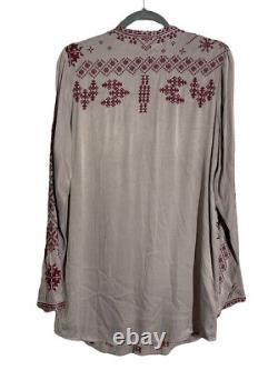 Johnny Was Womens Blouse S Small Taupe Embroidered Oversized Long Sleeve Tunic