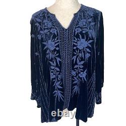 Johnny Was Womens Embroidered Velvet Tunic Top Size Large L Blue Rayon Silk Boho