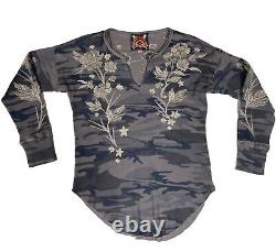 Johnny Was XS Thermal Long Sleeve Top Camo Floral Fleurie V-Neck Cotton Shirt