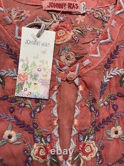 Johnny Was Yasamine Blouse L Large Burn Tangerine Floral Embroidered Tunic $320