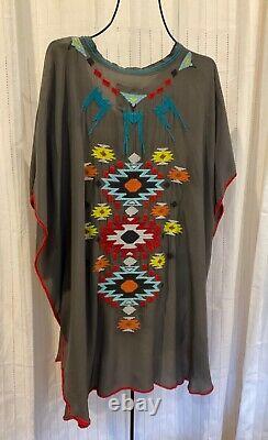 Johnny Was /bila Silk Embroidered Southwest Poncho Santa Fe Top O/s Nwot L