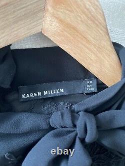 Karen Millen formal black blouse top, bow tie neck EMBROIDRED size 8 / 10 S