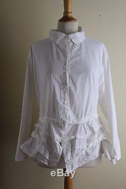Krista Larson White Cotton Wavy Bottom Long Sleeve Tie Shirt Top One Size