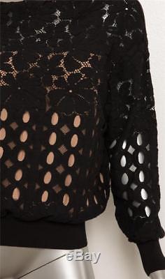 LANVIN Black Floral Lace Nude Boat Neck Long Sleeve Sweater Top M NEW $1455
