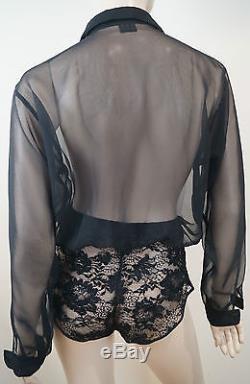 LA PERLA TRICOT Black Sheer & Lace Collared Long Sleeve Blouse Body Top SzS