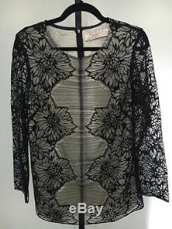 LELA ROSE Sheer Floral Lace Long Sleeve Blouse Top Black 10 M $1395