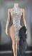 Ladies Sexy Stage Shiny Silver Sequin Long Sleeve Birthday Mesh Dress Dress