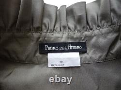 Ladies Stunning Pedro Del Hierro Khaki Green Silk Blouse Top With Sequin Flowers