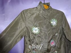 Ladies Stunning Pedro Del Hierro Khaki Green Silk Blouse Top With Sequin Flowers