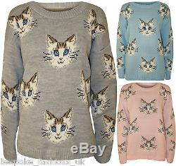 Ladies Women's Cat Face Animal Print Long Sleeve Knitted Jumper Sweatshirt Top