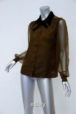 Lanvin Blouse Dark Brown Silk Organza Size 38 Velvet Collar Long Sleeve Top