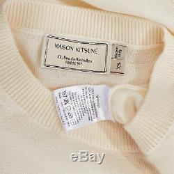MAISON KITSUNE cream merino wool fox logo embroidery long sleeve sweater top XS