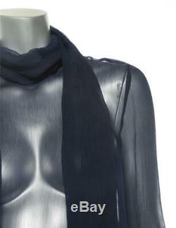 MIU MIU Navy Silk Sheer Long Sleeve Blouse Back Button-Up Neck-Tie Top Shirt 42